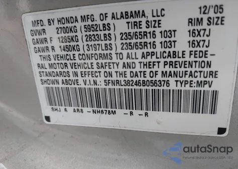2006 Honda Odyssey Lx z USA, uszkodzony, nr VIN 5FNRL38246B056376